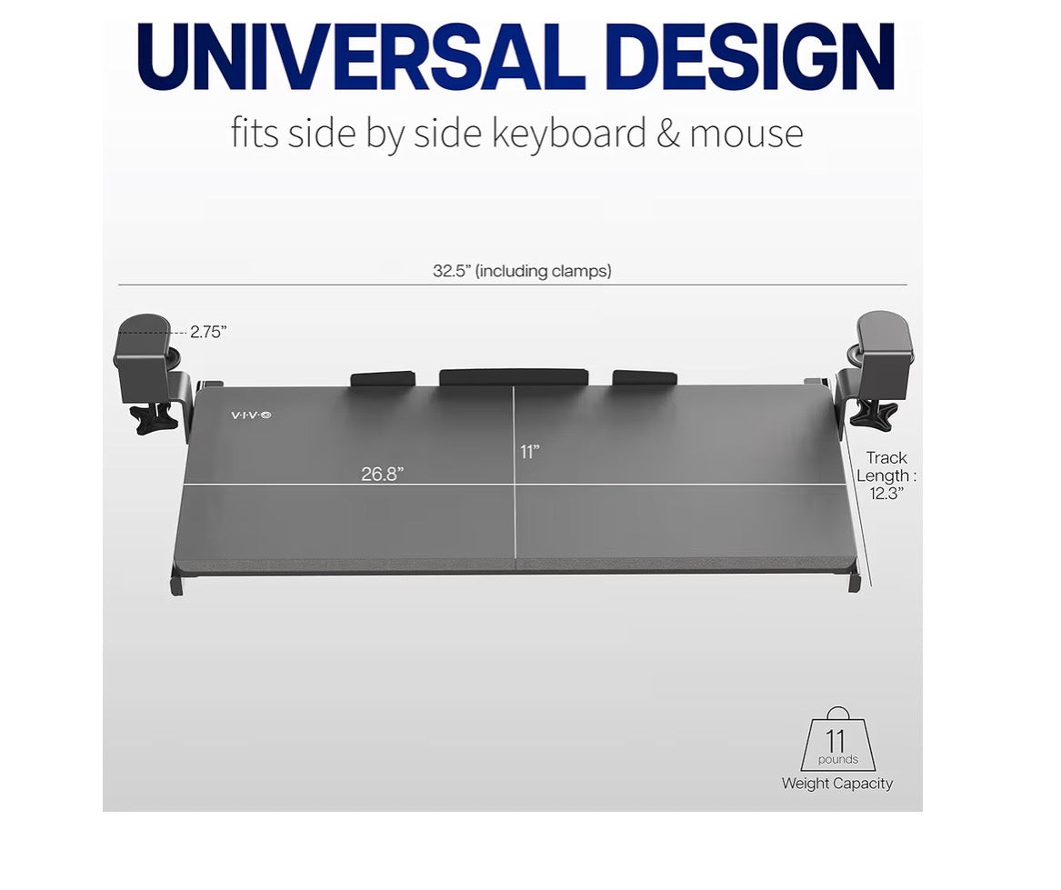 VIVO MOUNT-KB05E Large Clamp-on Under-Desk Keyboard Tray — 33" Wide Slide-Out Platform (No Drilling) │ Z3 Grade: 🟡 Open Box – Unused