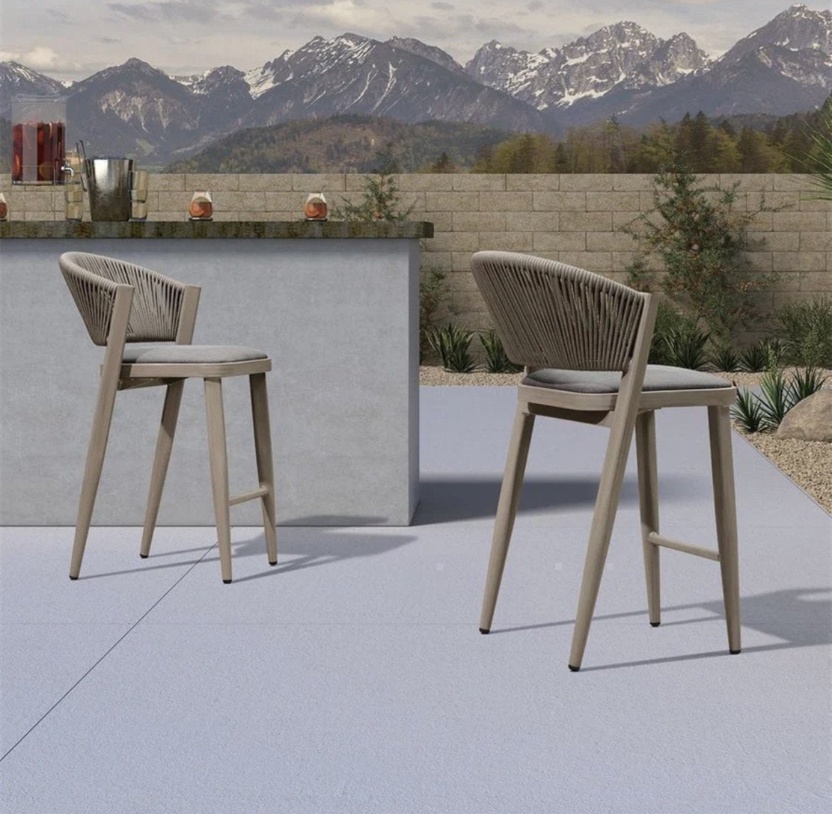 Purple Leaf Outdoor Bar Stools Set of 2, Grey, Rope Back with Cushion, Z3-01095, illustration, not our exact unit