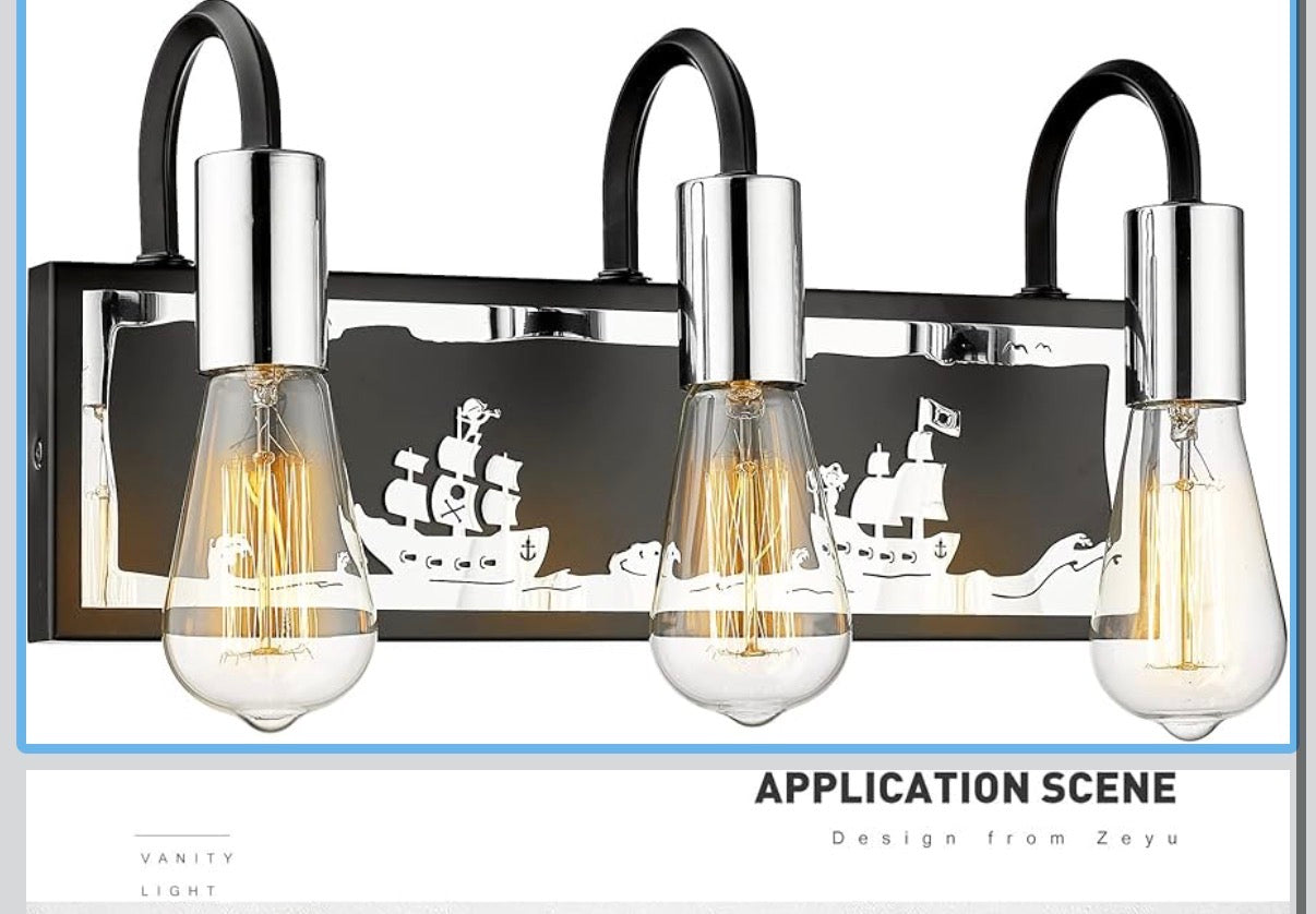 ZEYU 3-Light Vanity Light — Pirate Ship Pattern, Black & Chrome │ Z3 Grade: 🟡 Open Box – Unused