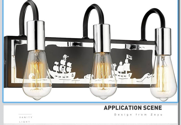 ZEYU 3-Light Vanity Light — Pirate Ship Pattern, Black & Chrome │ Z3 Grade: 🟡 Open Box – Unused