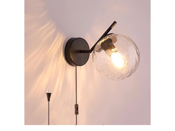 Modern Plug-In Wall Sconce — Dimpled Glass Globe, Black Finish, E26 Dimmable │ Z3 Grade: 🟡 Open Box – Unused