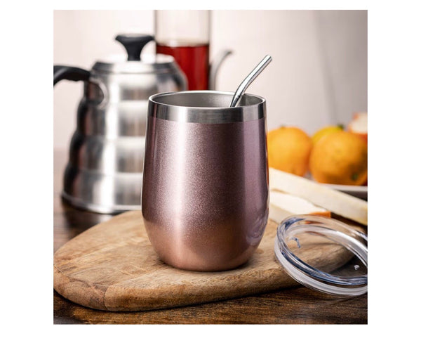 Rose Gold Stainless Steel Wine Tumbler — 12oz Double-Wall Vacuum Insulated w/ Lid & Straw │ Z3 Grade: 🟢 Brand New (Sealed)