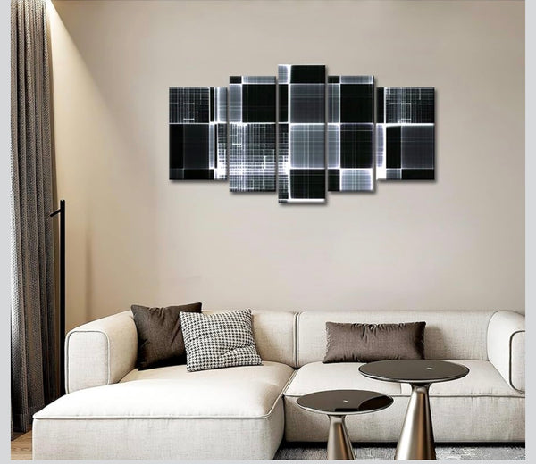 5-Panel Canvas Wall Art — Black & White Abstract Digital Grid (110×60cm) │ Z3 Grade: 🟢 Brand New (Sealed)