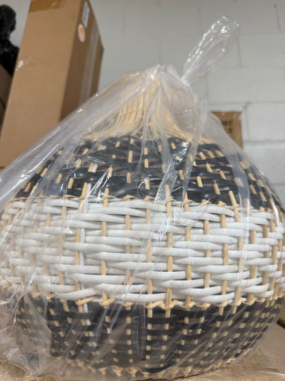 Rattan Round Pendant Light — Handwoven Black/White/Natural Basket Shade │ Z3 Grade: 🟡 Open Box – Unused