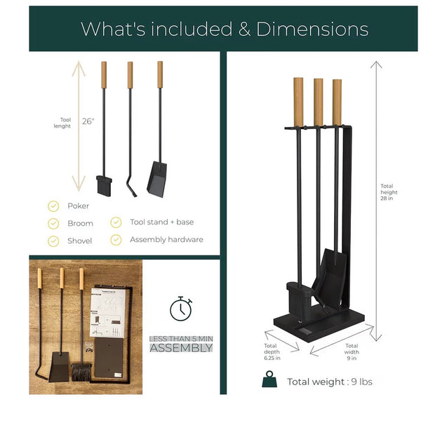 Modern 4-Piece Fireplace Tool Set — Wood-Handle Poker, Broom & Shovel with Stand │ Z3 Grade: 🟢 Brand New (Sealed)