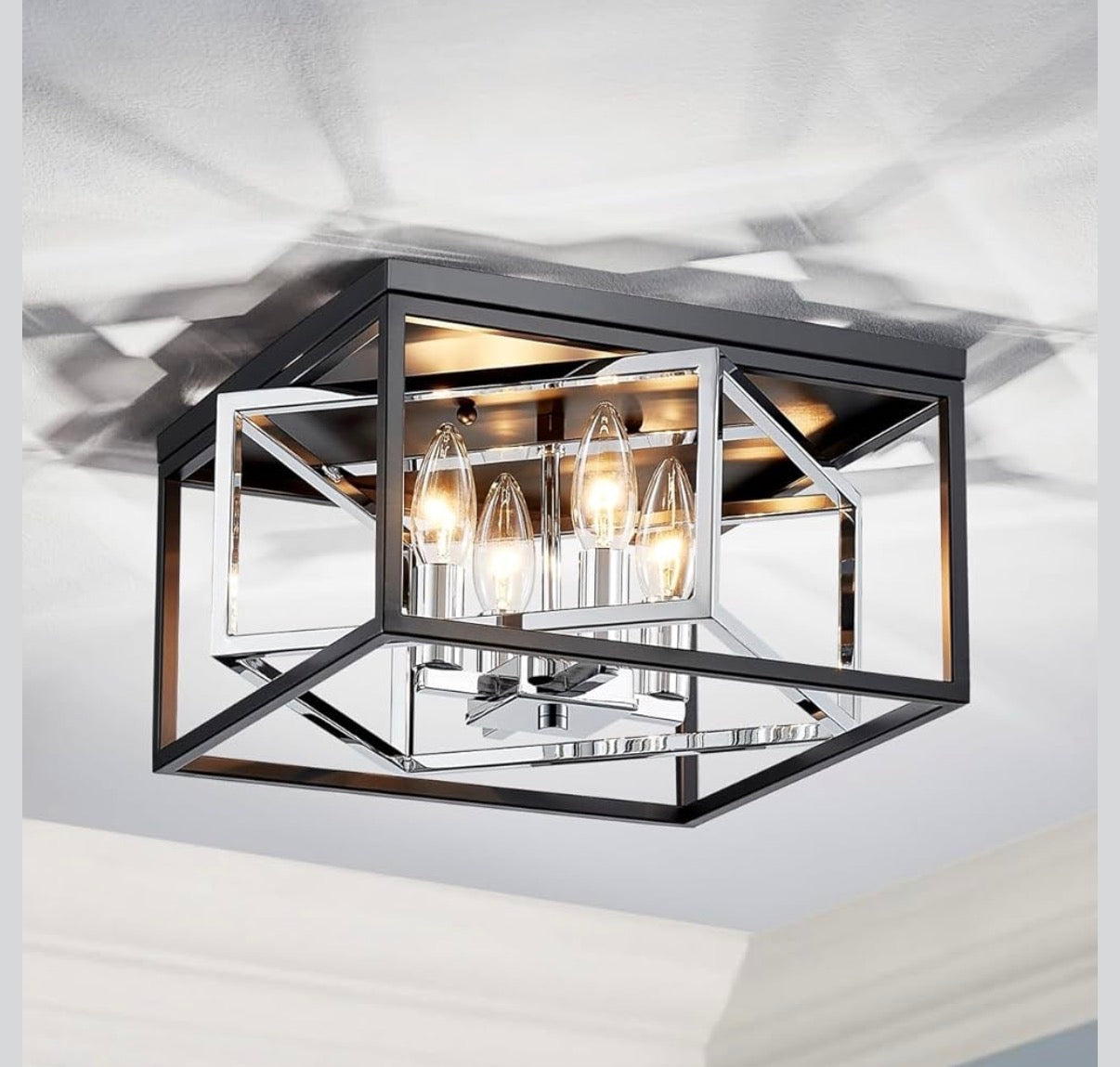AGV Lighting CL035S 4-Light Flush Mount Ceiling Light — Black & Chrome Square Cage │ Z3 Grade: 🟡 Open Box – Unused