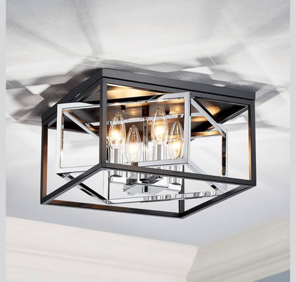 AGV Lighting CL035S 4-Light Flush Mount Ceiling Light — Black & Chrome Square Cage │ Z3 Grade: 🟡 Open Box – Unused