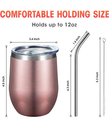 Rose Gold Stainless Steel Wine Tumbler — 12oz Double-Wall Vacuum Insulated w/ Lid & Straw │ Z3 Grade: 🟢 Brand New (Sealed)
