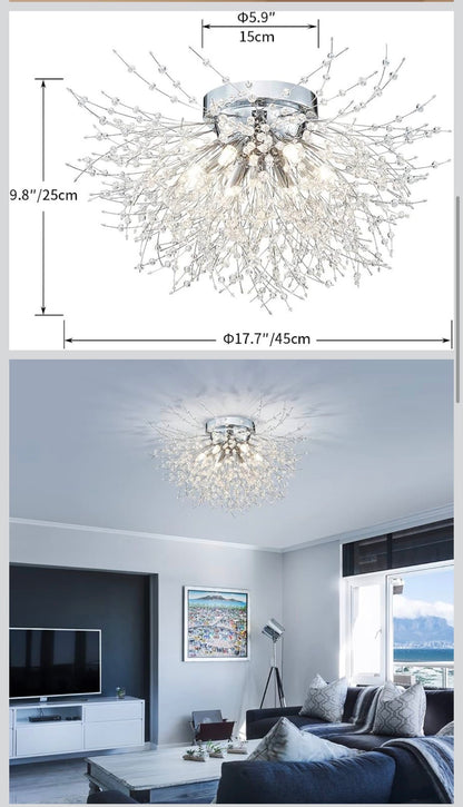 AGV Lighting CL023C Crystal Ceiling Light — Firework Dandelion 6-Light Flush Mount, Chrome │ Z3 Grade: 🟡 Open Box – Unused
