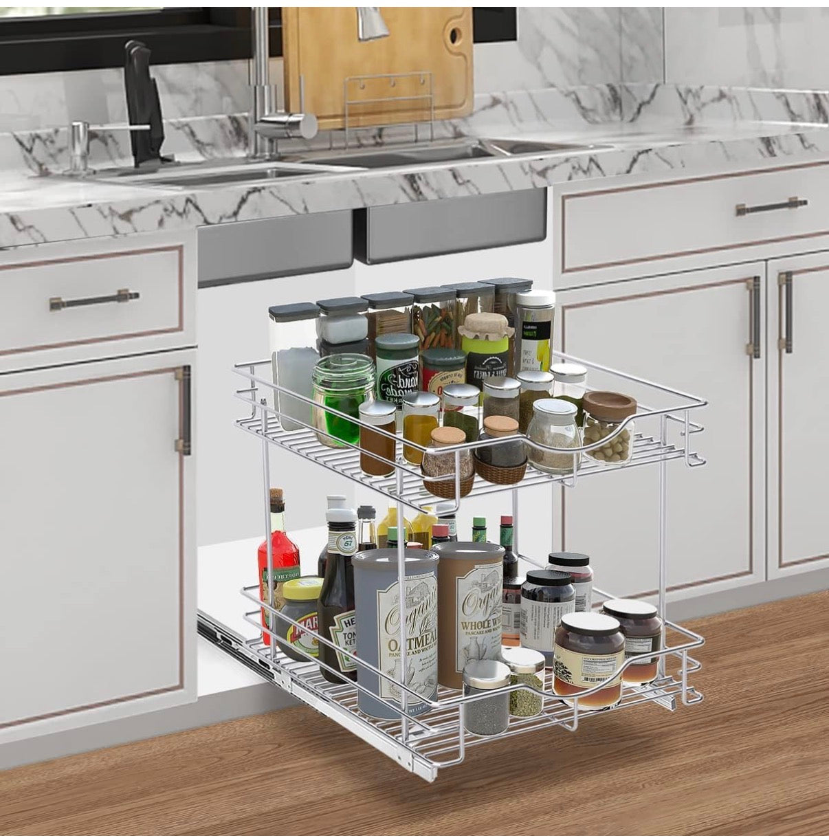 Fulgente 2-Tier Pull Out Cabinet Organizer — Chrome Wire Slide-Out Storage │ Z3 Grade: 🟢 Brand New (Sealed)