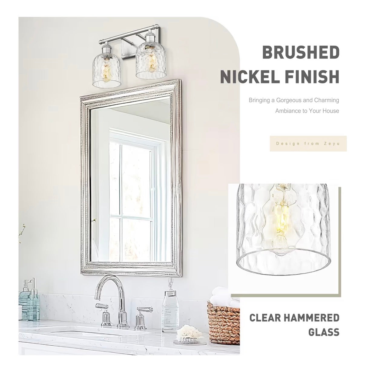 ZEYU 2-Light Bathroom Vanity Light (14") — Chrome Finish with Clear Hammered Glass │ Z3 Grade: 🟡 Open Box – Unused
