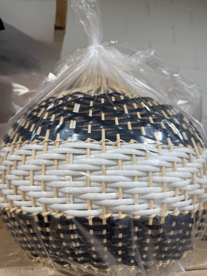 Rattan Round Pendant Light — Handwoven Black/White/Natural Basket Shade │ Z3 Grade: 🟡 Open Box – Unused