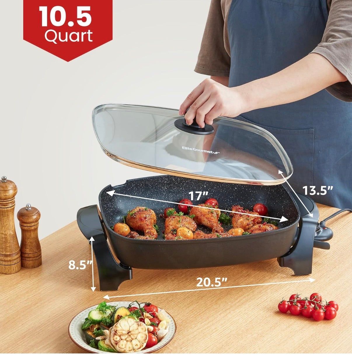 Elite Gourmet EG-6203 Extra Deep Jumbo Electric Skillet — 10.5 Qt Non-Stick with Vented Glass Lid │ Z3 Grade: 🟡 Open Box – Unused