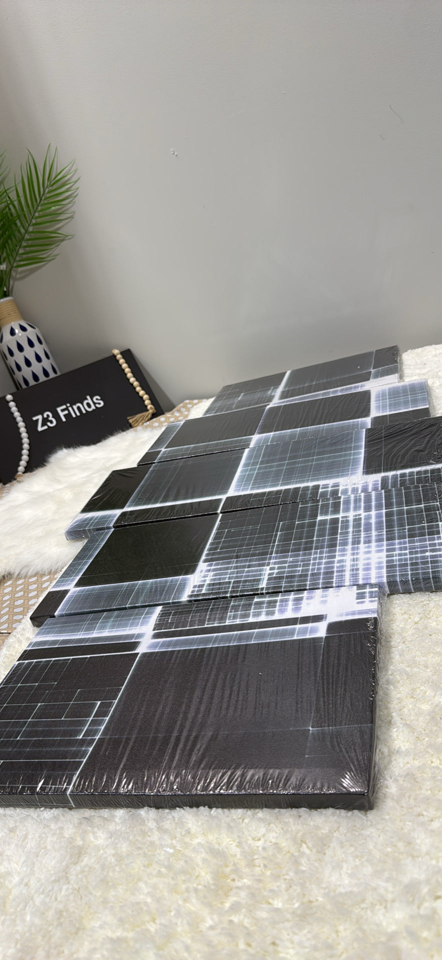 5-Panel Canvas Wall Art — Black & White Abstract Digital Grid (110×60cm) │ Z3 Grade: 🟢 Brand New (Sealed)