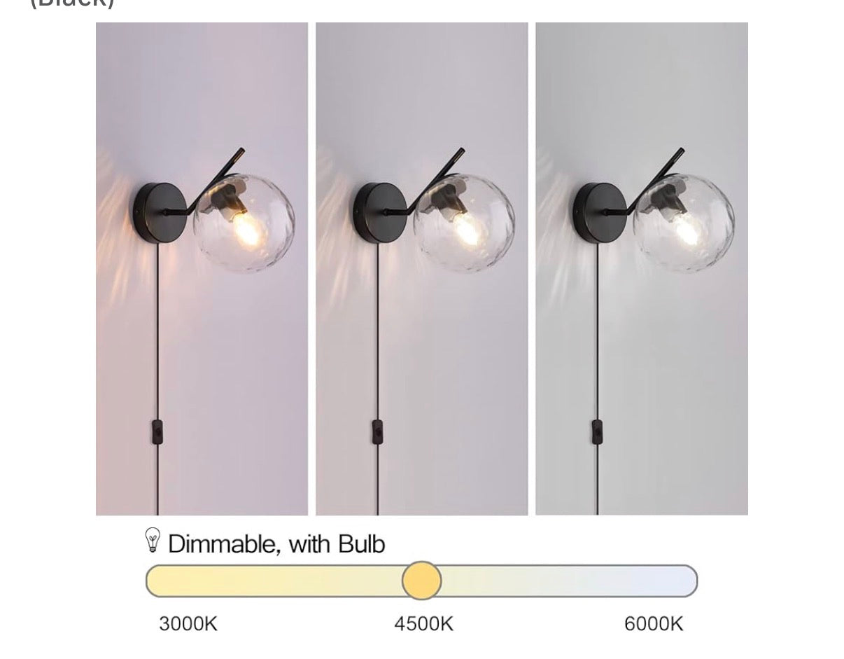 Modern Plug-In Wall Sconce — Dimpled Glass Globe, Black Finish, E26 Dimmable │ Z3 Grade: 🟡 Open Box – Unused