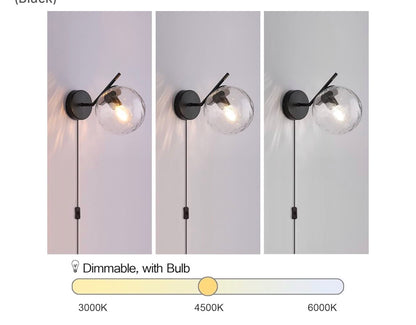 Modern Plug-In Wall Sconce — Dimpled Glass Globe, Black Finish, E26 Dimmable │ Z3 Grade: 🟡 Open Box – Unused