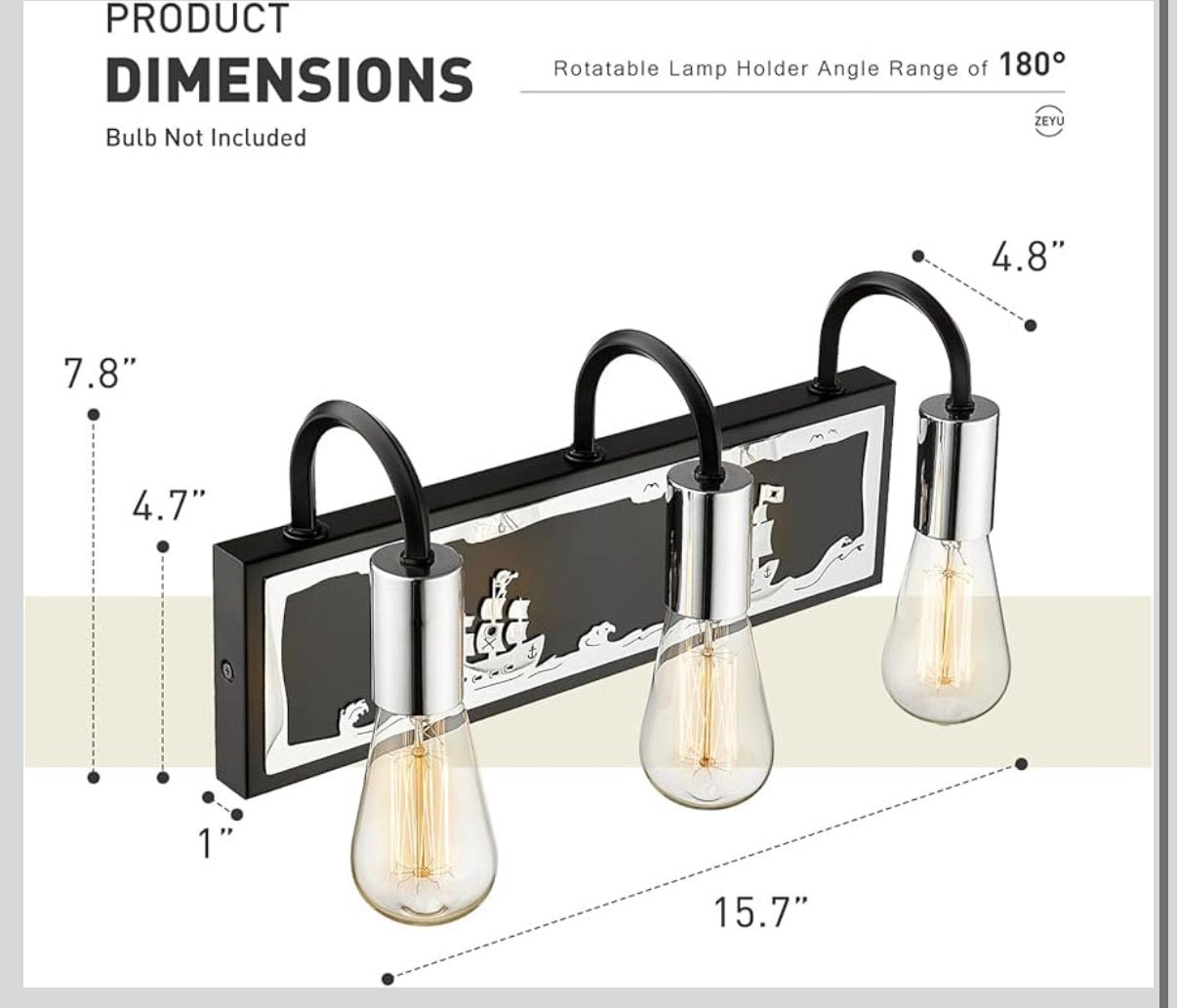 ZEYU 3-Light Vanity Light — Pirate Ship Pattern, Black & Chrome │ Z3 Grade: 🟡 Open Box – Unused