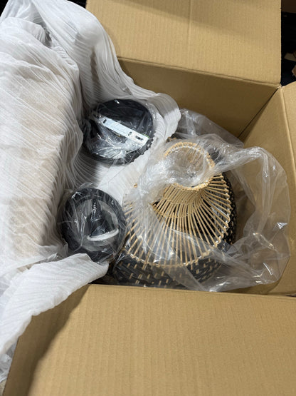 Rattan Round Pendant Light — Handwoven Black/White/Natural Basket Shade │ Z3 Grade: 🟡 Open Box – Unused