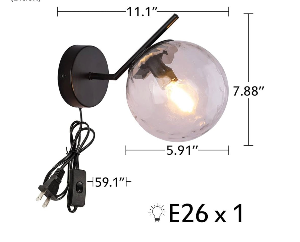 Modern Plug-In Wall Sconce — Dimpled Glass Globe, Black Finish, E26 Dimmable │ Z3 Grade: 🟡 Open Box – Unused