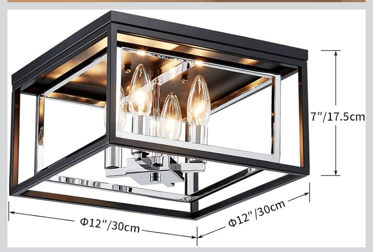 AGV Lighting CL035S 4-Light Flush Mount Ceiling Light — Black & Chrome Square Cage │ Z3 Grade: 🟡 Open Box – Unused