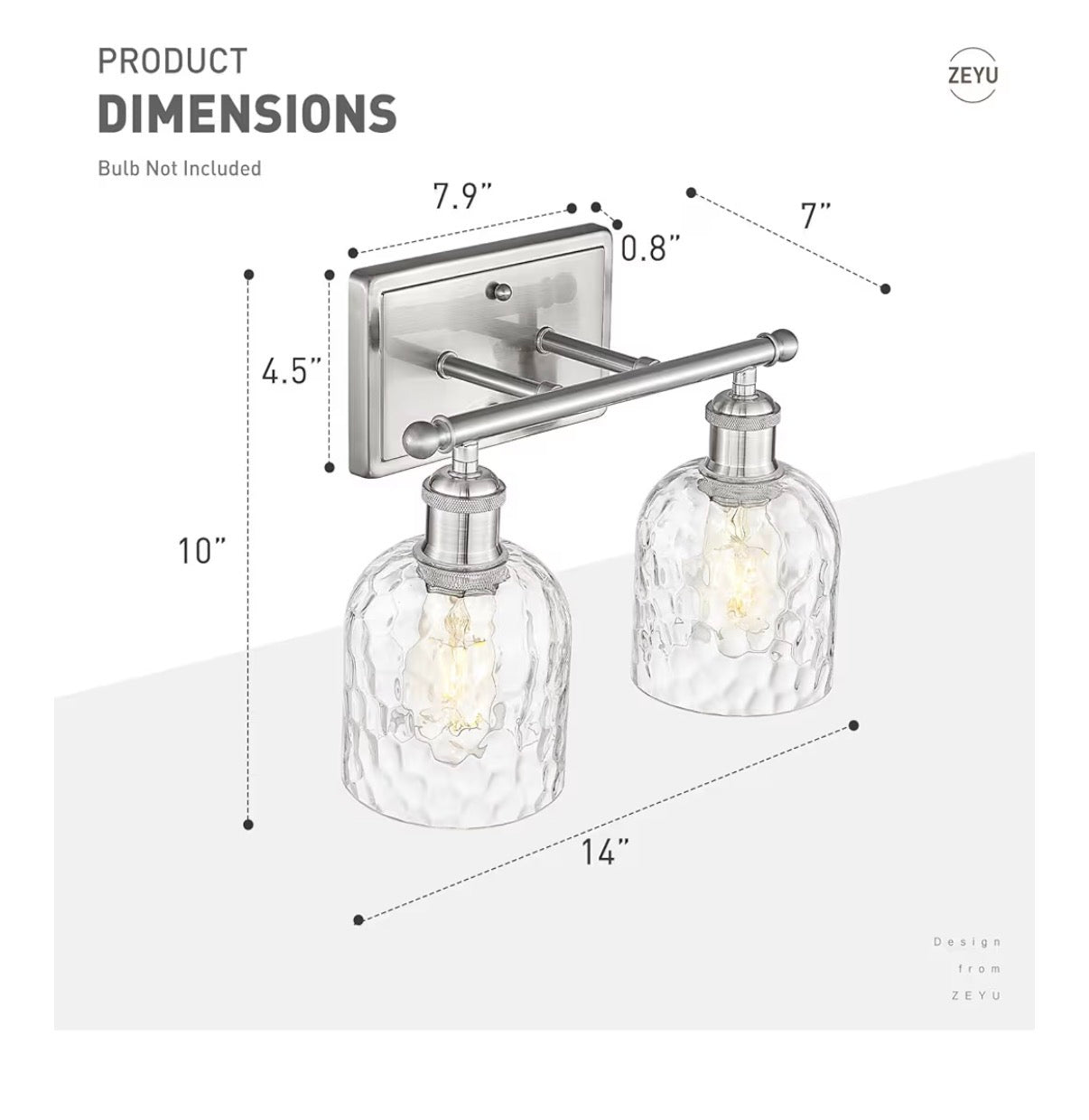 ZEYU 2-Light Bathroom Vanity Light (14") — Chrome Finish with Clear Hammered Glass │ Z3 Grade: 🟡 Open Box – Unused