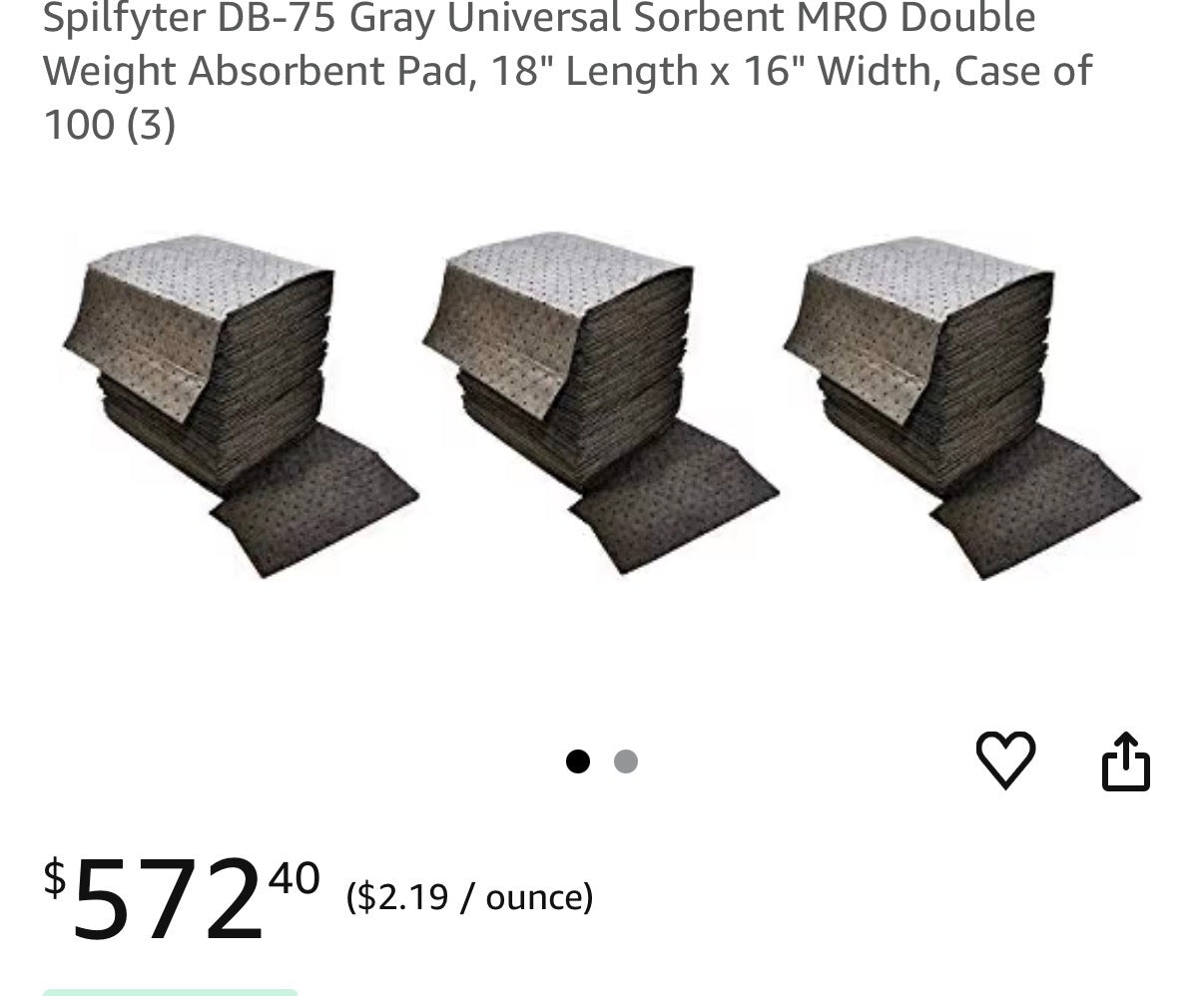 Spilfyter DB-75 Universal Sorbent Absorbent Pads — Double Weight Gray, 18" x 16", Case of 100 │ Z3 Grade: 🟢 Brand New (Sealed)