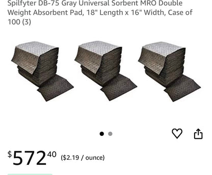 Spilfyter DB-75 Universal Sorbent Absorbent Pads — Double Weight Gray, 18" x 16", Case of 100 │ Z3 Grade: 🟢 Brand New (Sealed)