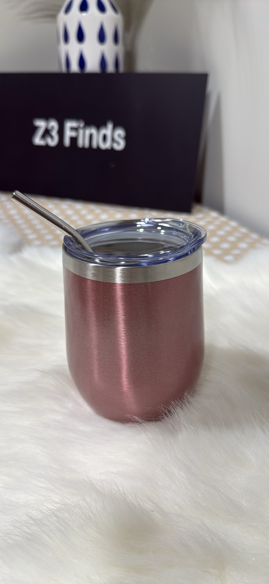 Rose Gold Stainless Steel Wine Tumbler — 12oz Double-Wall Vacuum Insulated w/ Lid & Straw │ Z3 Grade: 🟢 Brand New (Sealed)