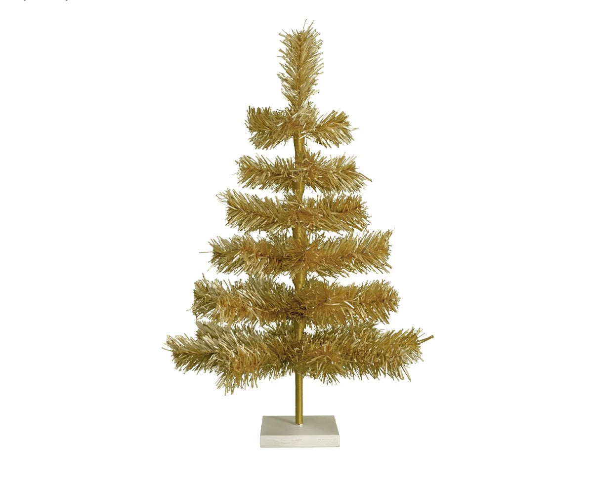 Gold Tinsel Feather Christmas Tree — Tabletop Decor with Wood Base │ Z3 Grade: 🟡 Open Box – Unused