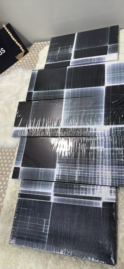 5-Panel Canvas Wall Art — Black & White Abstract Digital Grid (110×60cm) │ Z3 Grade: 🟢 Brand New (Sealed)
