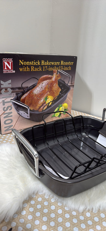 Cook N Home Nonstick Bakeware Roaster with Rack 17" x 13" — Even-Browning U-Rack │ Z3 Grade: 🟢 Brand New (Sealed)