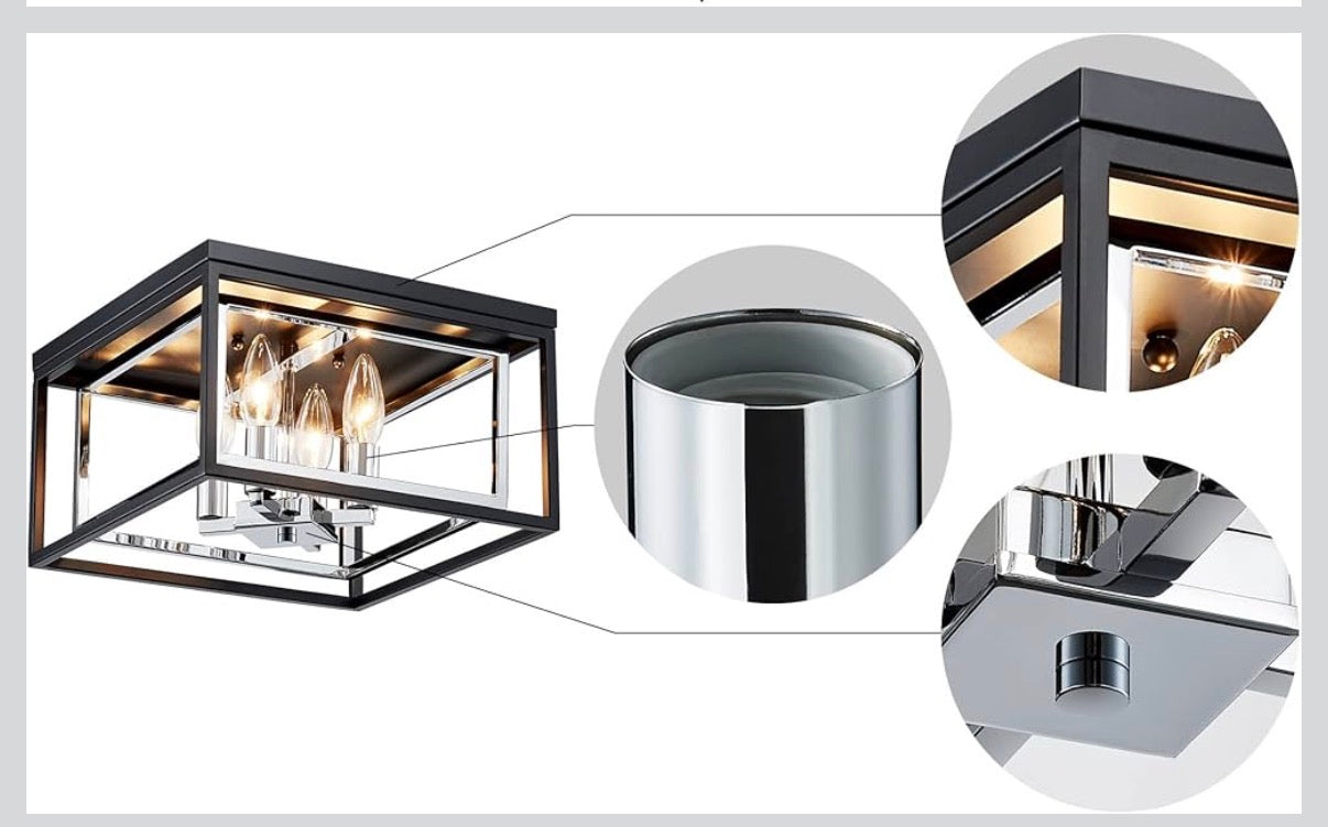 AGV Lighting CL035S 4-Light Flush Mount Ceiling Light — Black & Chrome Square Cage │ Z3 Grade: 🟡 Open Box – Unused