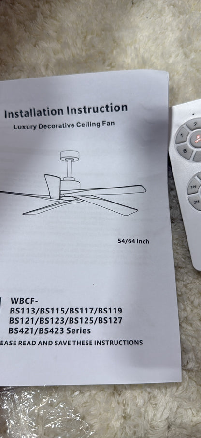 WINGBO 54" Black Ceiling Fan with Remote - 6-Speed DC Motor │ 🟤 Z3 Grade: Value – Sold As-Is