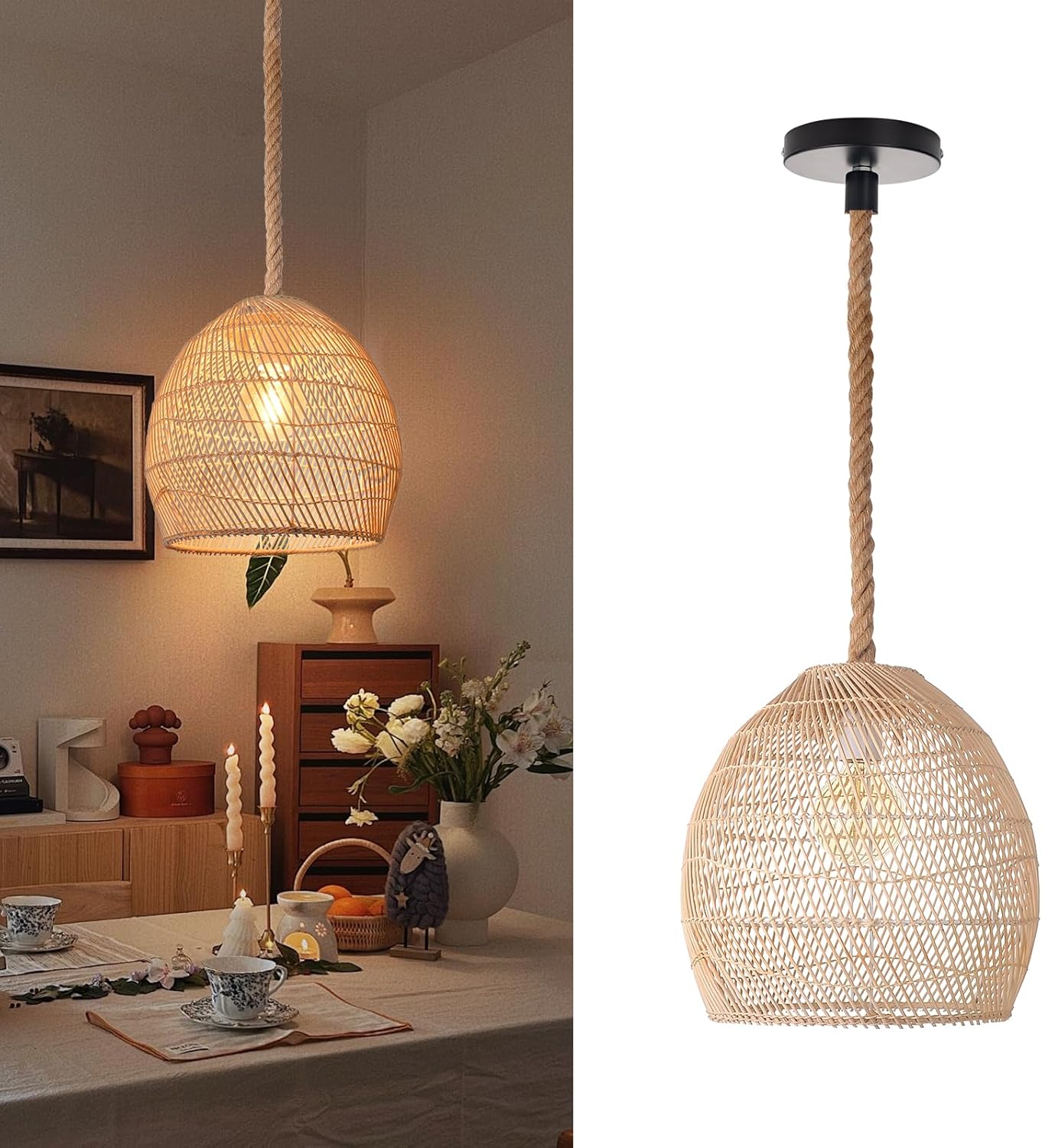 Arturesthome Woven Rattan Globe Pendant Light — Boho Hemp-Rope Cord │ Z3 Grade: 🟡 Open Box – Unused