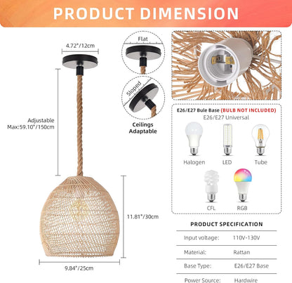 Arturesthome Woven Rattan Globe Pendant Light — Boho Hemp-Rope Cord │ Z3 Grade: 🟡 Open Box – Unused