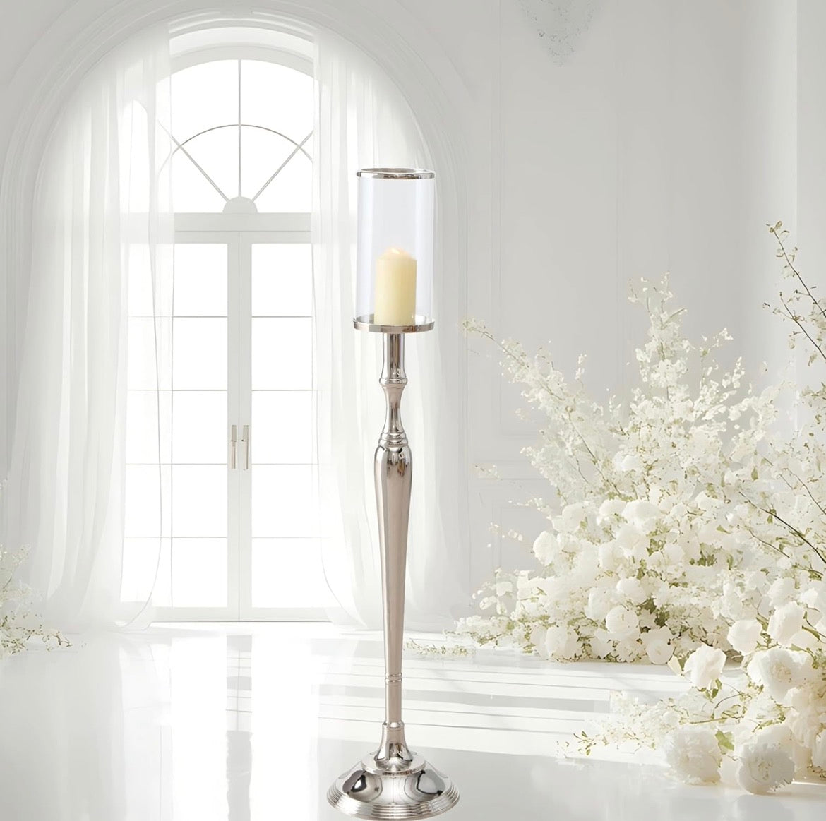 WHW Amara 43" Silver Lantern Candle Holder │ 🟡 Z3 Grade: Open Box – Unused