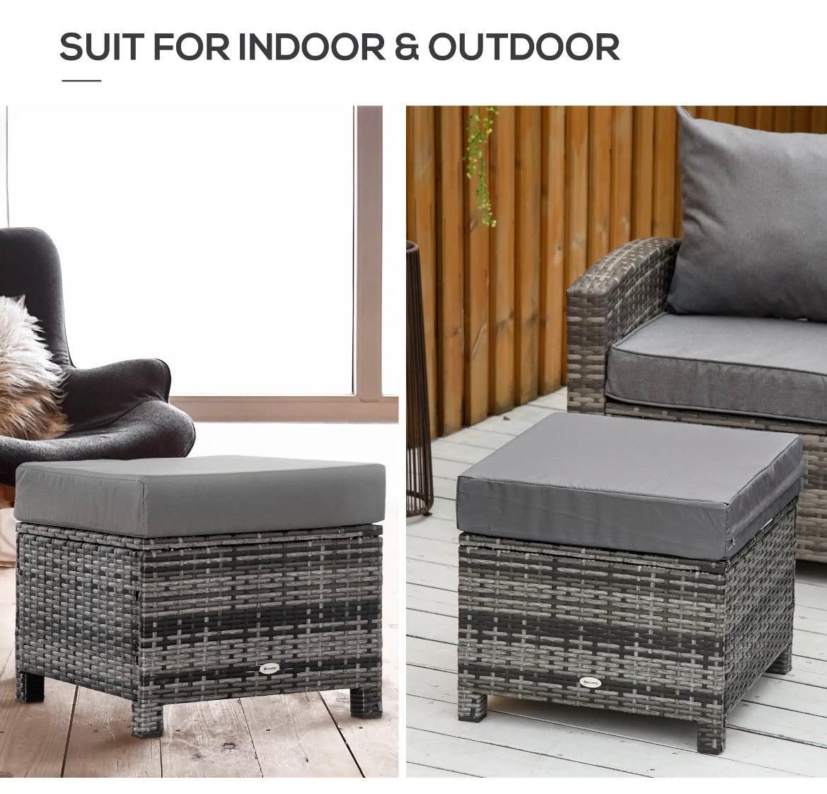 Outsunny Patio Rattan Ottoman / Wicker Footrest – Grey │ 🟡 Z3 Grade: Open Box – Unused