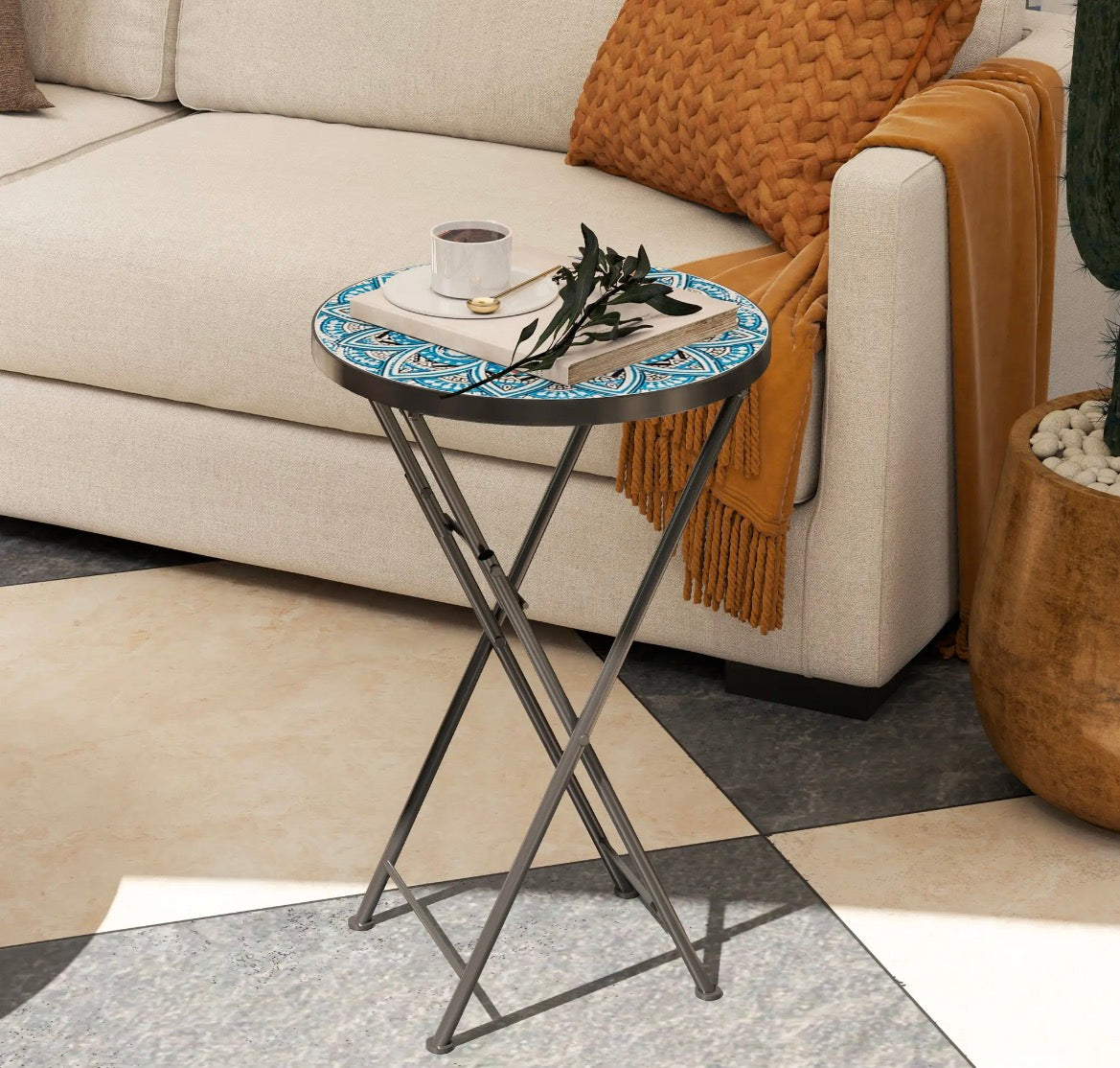 Outsunny Mosaic Folding Patio Side Table – 14" Round, Blue │ 🟡 Z3 Grade: Open Box – Unused
