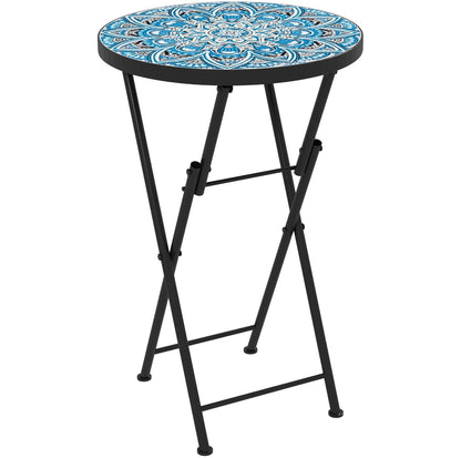 Outsunny Mosaic Folding Patio Side Table – 14" Round, Blue │ 🟡 Z3 Grade: Open Box – Unused