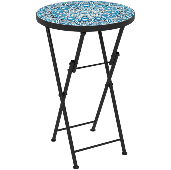 Outsunny Mosaic Folding Patio Side Table – 14" Round, Blue │ 🟡 Z3 Grade: Open Box – Unused