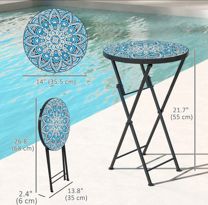 Outsunny Mosaic Folding Patio Side Table – 14" Round, Blue │ 🟡 Z3 Grade: Open Box – Unused