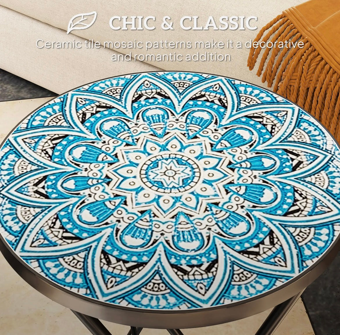 Outsunny Mosaic Folding Patio Side Table – 14" Round, Blue │ 🟡 Z3 Grade: Open Box – Unused