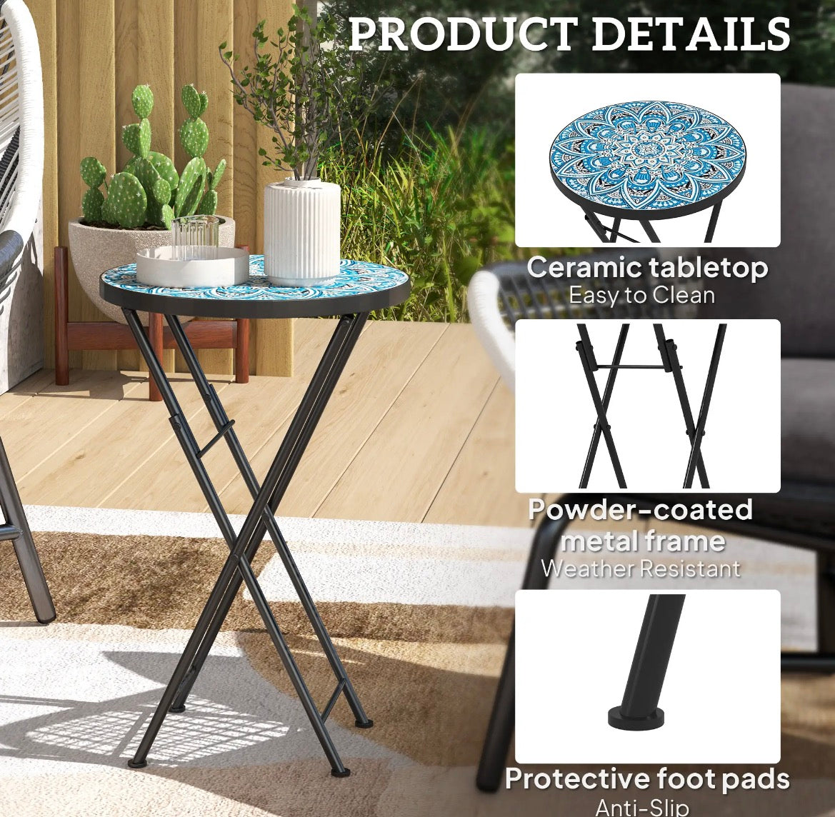 Outsunny Mosaic Folding Patio Side Table – 14" Round, Blue │ 🟡 Z3 Grade: Open Box – Unused