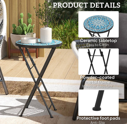 Outsunny Mosaic Folding Patio Side Table – 14" Round, Blue │ 🟡 Z3 Grade: Open Box – Unused
