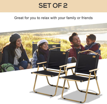 Outsunny Set of 2 Folding Camping Chairs (Wood Armrest) - Black │ 🟡 Z3 Grade: Open Box – Unused
