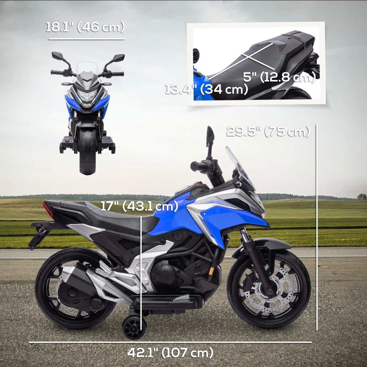 Qaba Honda 12V Ride-On Motorbike - Used Once, Lights, Music, Blue │ 🟤 Z3 Grade: Value – Cosmetic Damage