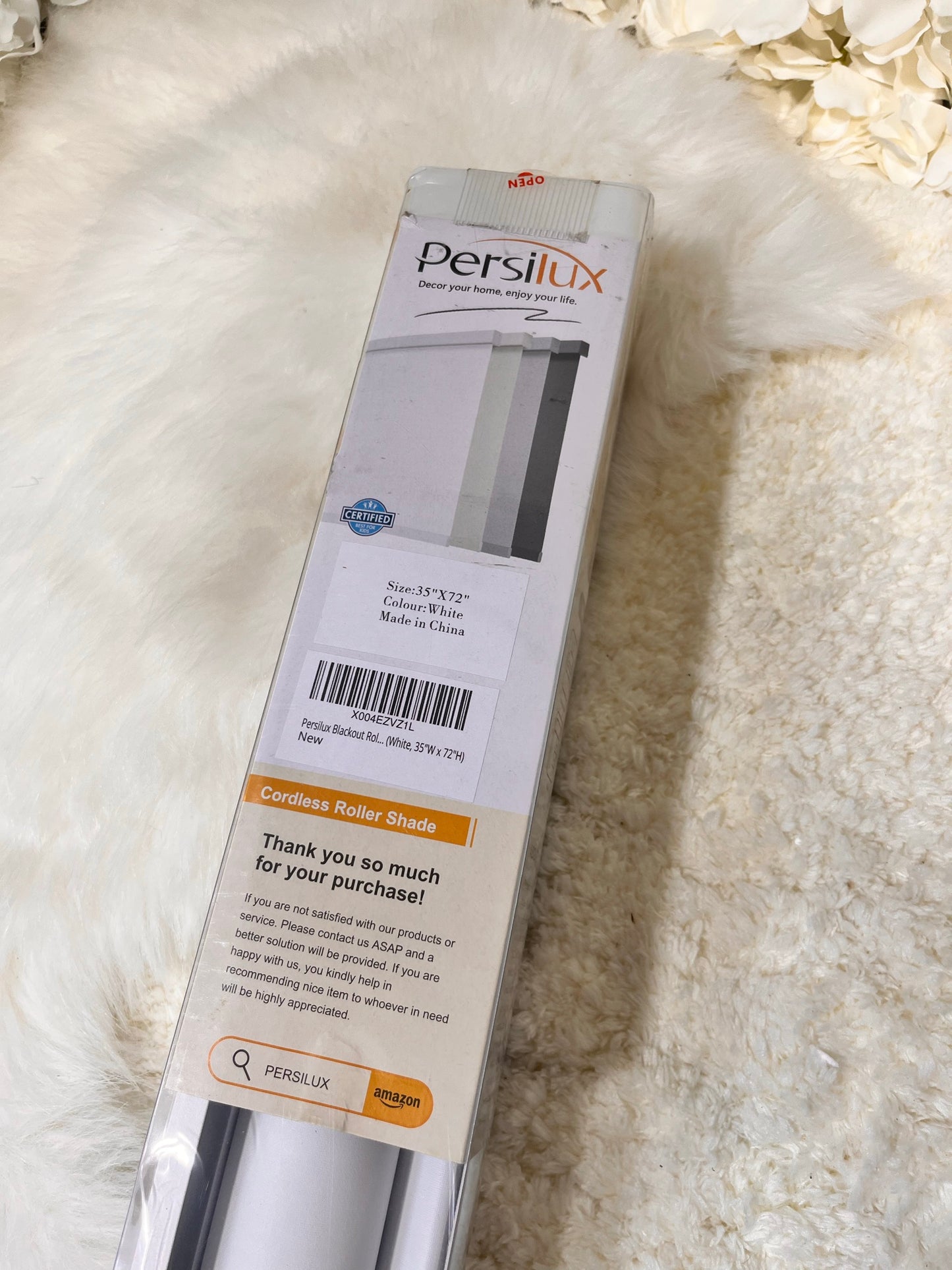 Persilux Cordless Blackout Roller Shade 35x72 White │ 🟢 Z3 Grade: Brand New (Sealed)