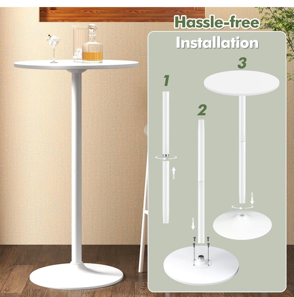Costway White Tulip Pedestal Bar Table - Height Adjustable-2 │ 🟡 Z3 Grade: Open Box – Unused