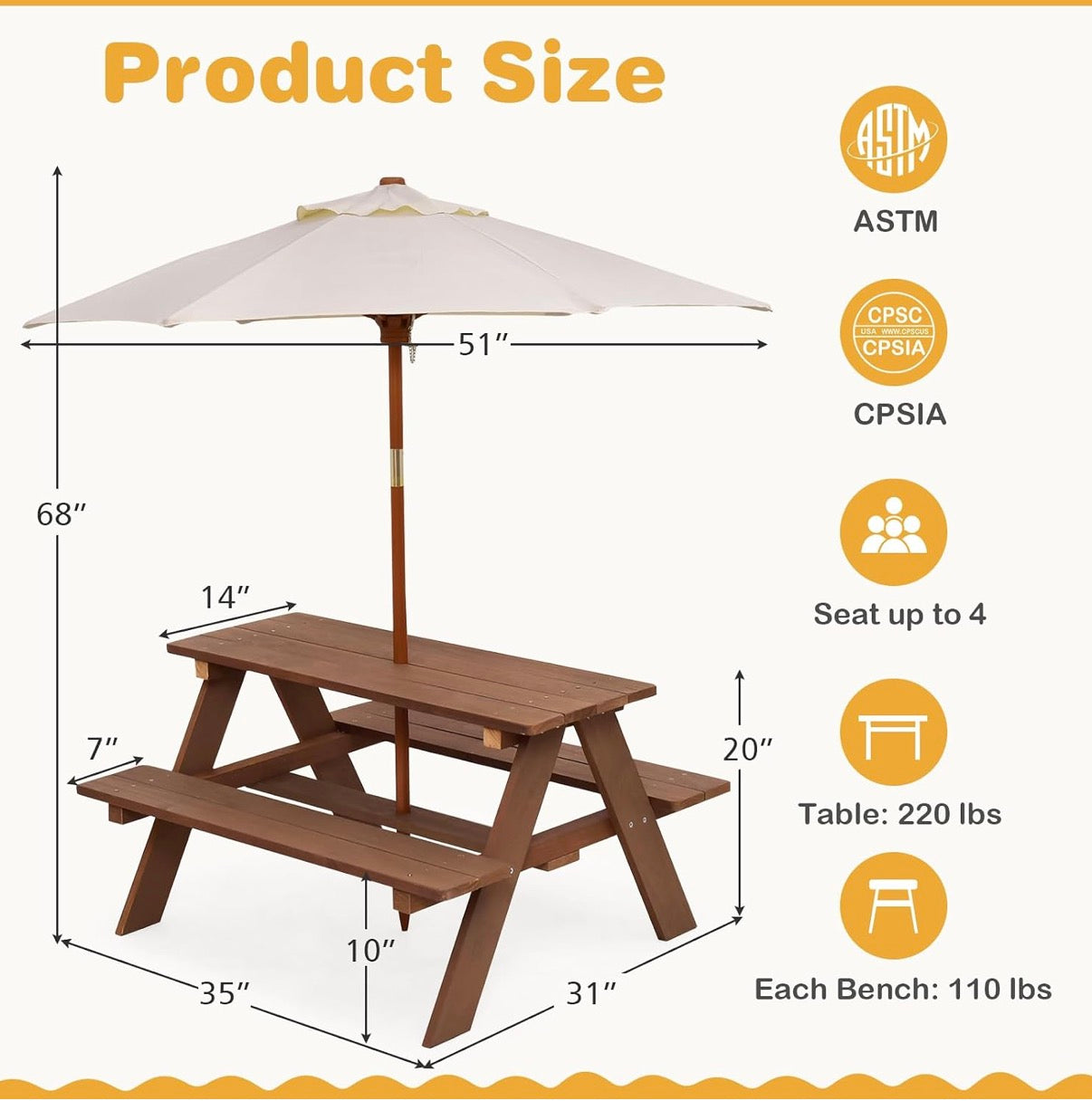 Costzon Kids Picnic Table Set with Removable & Foldable Umbrella - Natural │ 🟤 Z3 Grade: Value – Missing Accessories
