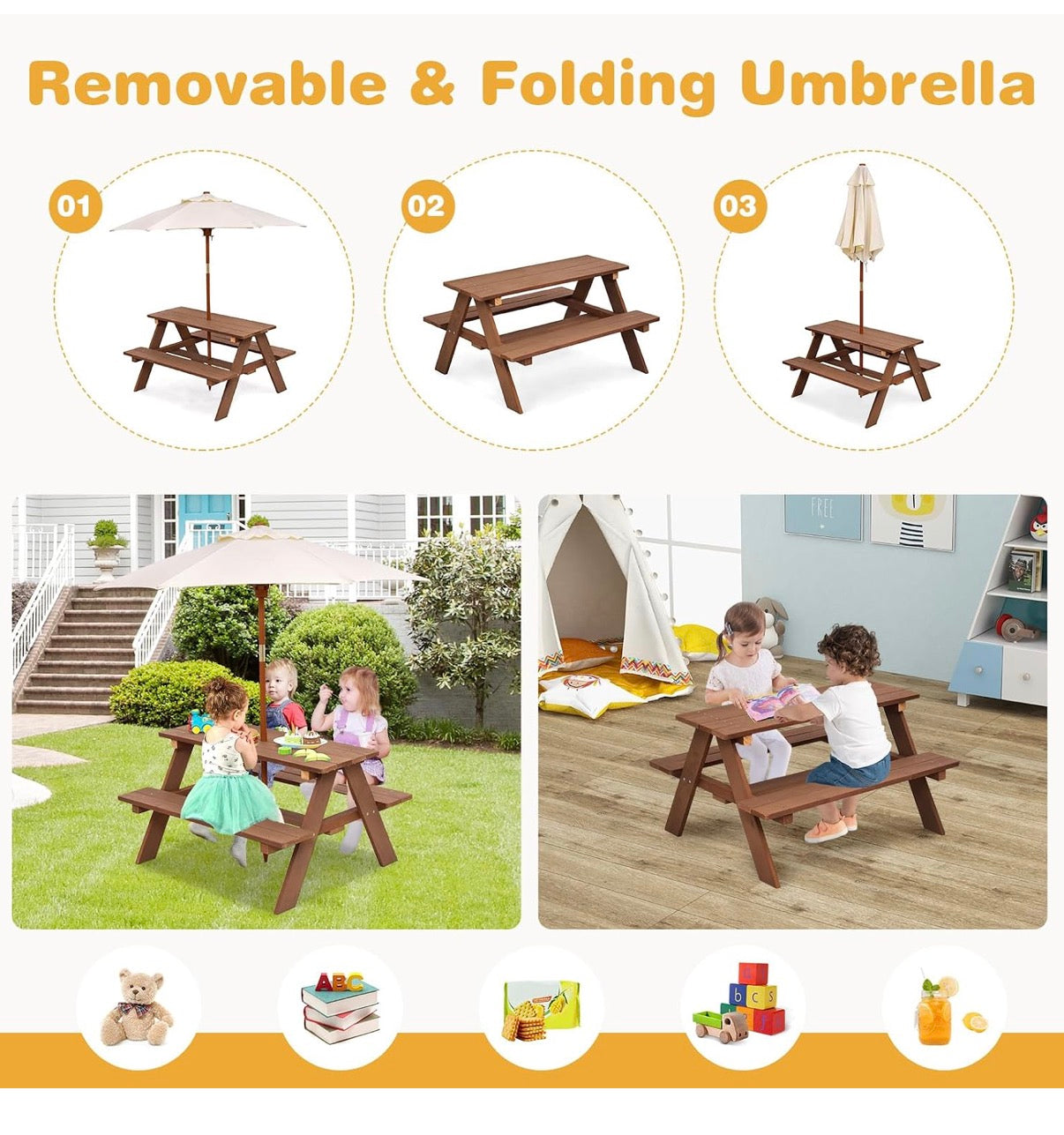 Costzon Kids Picnic Table Set with Removable & Foldable Umbrella - Natural │ 🟤 Z3 Grade: Value – Missing Accessories